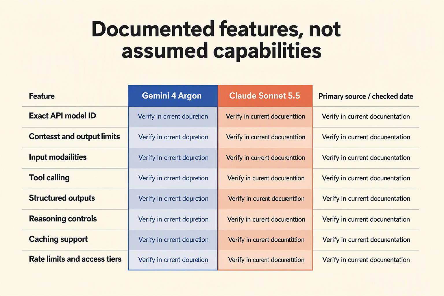 Build a spacious side-by-side feature matrix with column headings Feature, Gemini 4 Argon, Claude Sonnet 5.5, and Primary