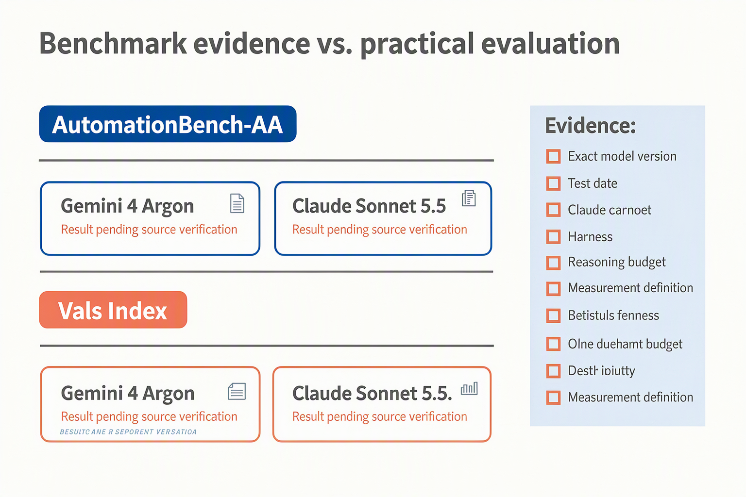 Compose an evidence-comparison infographic with three horizontal benchmark panels titled AutomationBench-AA, Vals Index, and