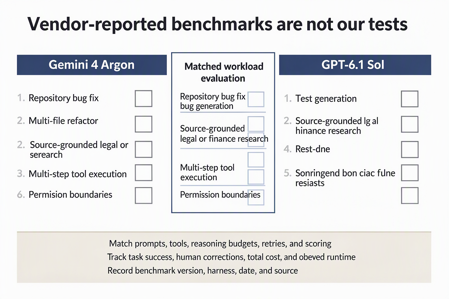 Create a head-to-head evaluation dashboard with columns labeled Gemini 4 Argon and GPT-6.1 Sol