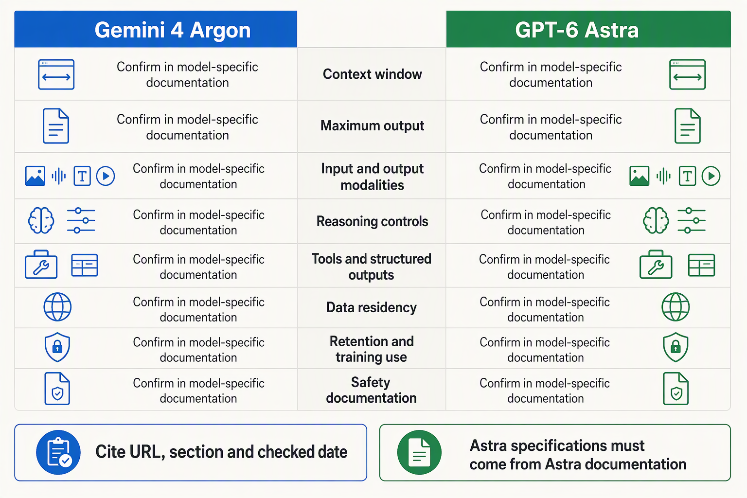Illustrate a spacious two-column specification checklist labeled Gemini 4 Argon and GPT-6 Astra, with a narrow central