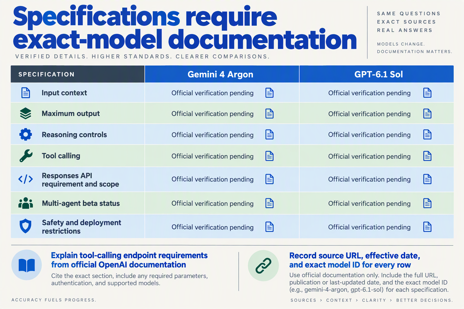 Build a spacious comparison matrix titled Specifications require exact-model documentation