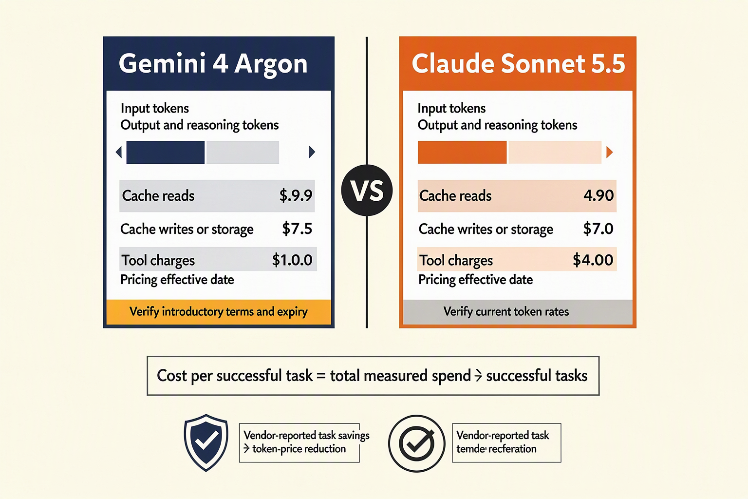 Illustrate two pricing ledgers headed Gemini 4 Argon and Claude Sonnet 5.5, with a central VS divider