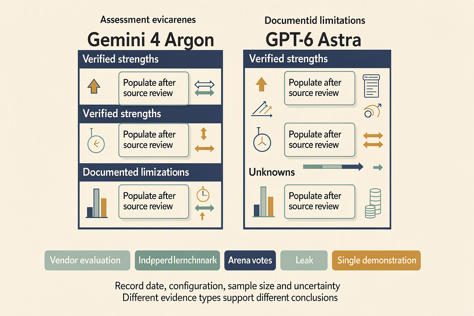 Create two balanced assessment boards titled Gemini 4 Argon and GPT-6 Astra, each divided into three clearly labeled