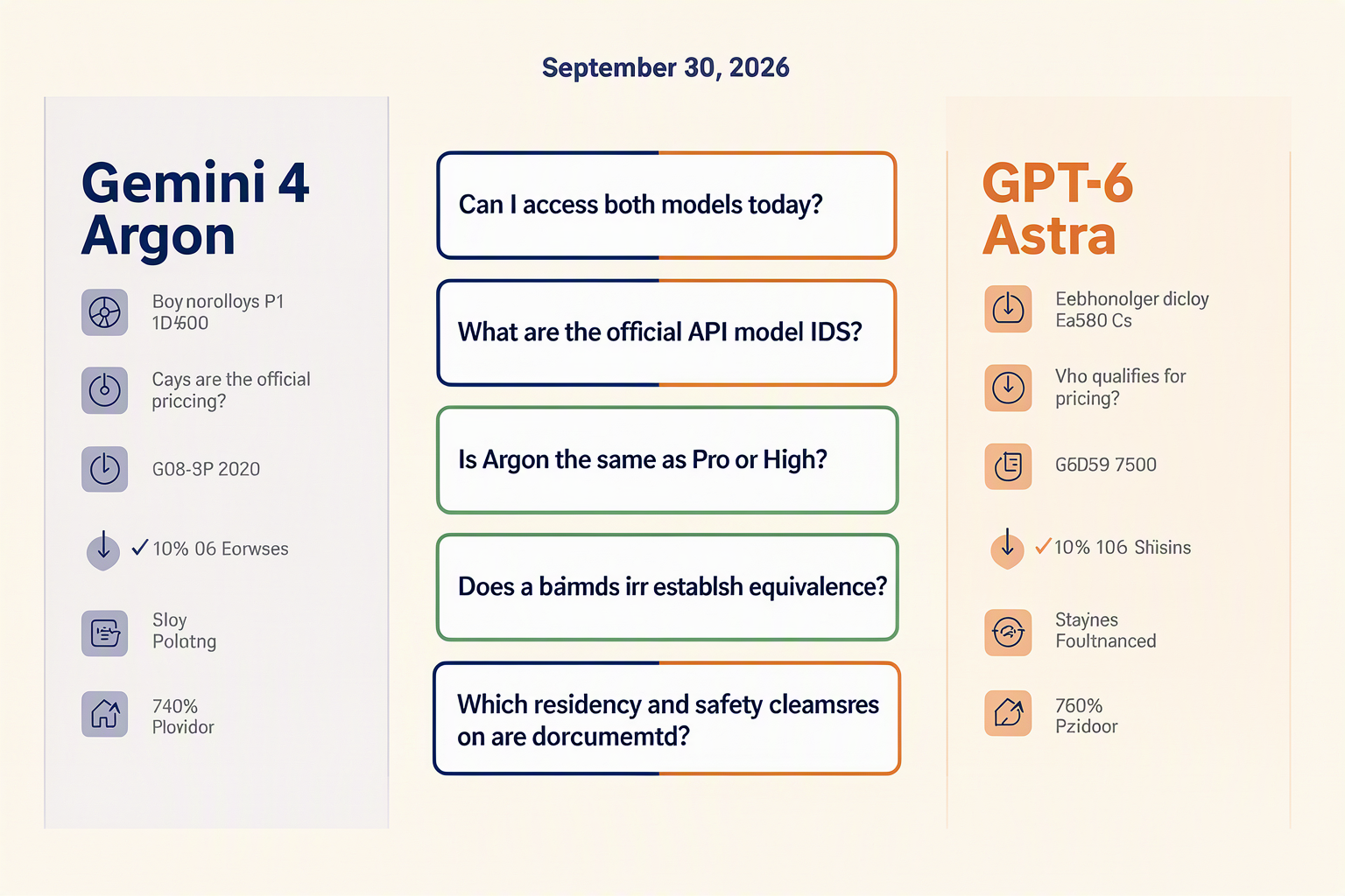 Design a two-column question-board infographic labeled Gemini 4 Argon and GPT-6 Astra, connected by a central stack of