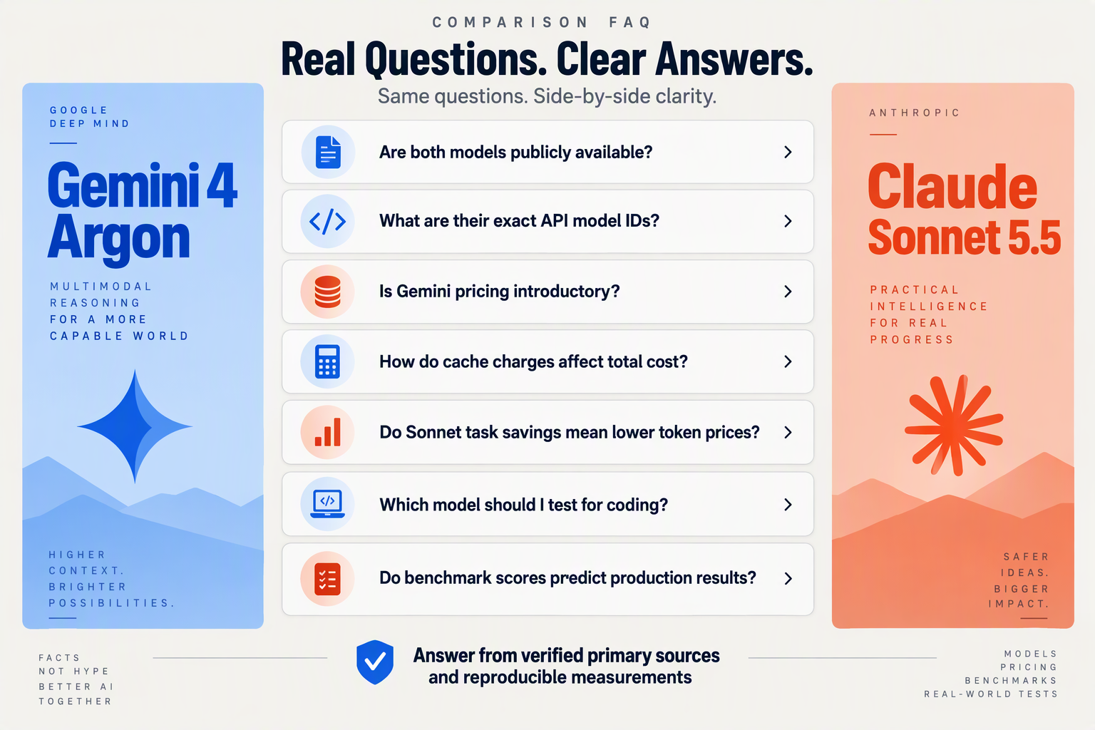 Create a comparison FAQ infographic resembling a neatly arranged stack of question cards between two vertical nameplates