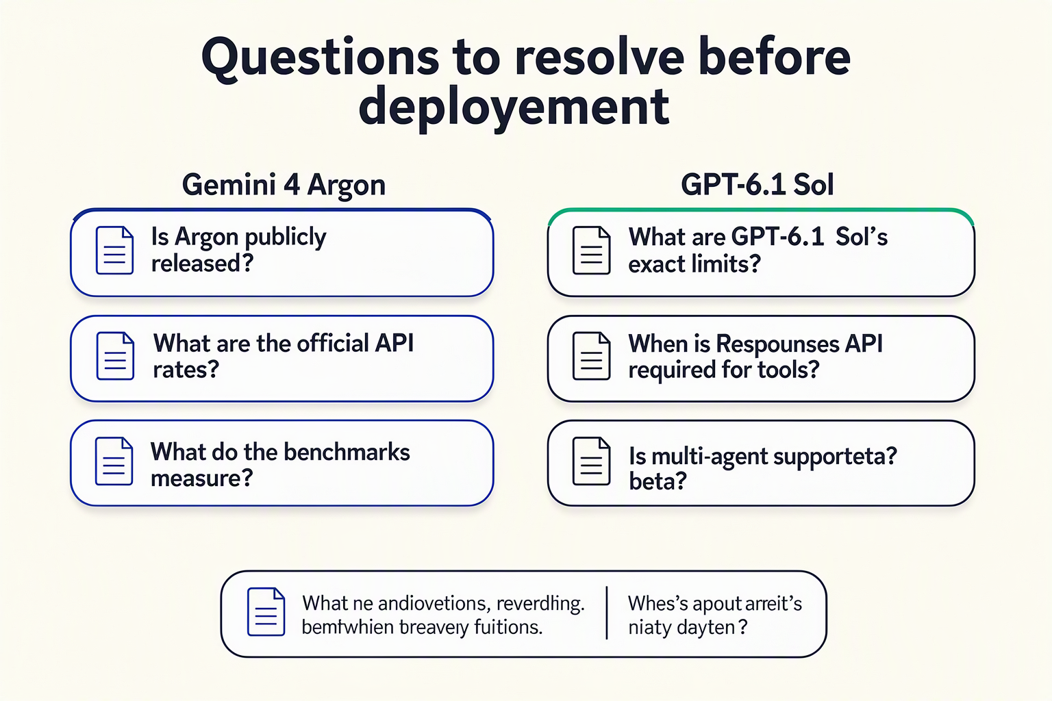 Compose a FAQ infographic with two labeled columns, Gemini 4 Argon and GPT-6.1 Sol, beneath the heading Questions to resolve