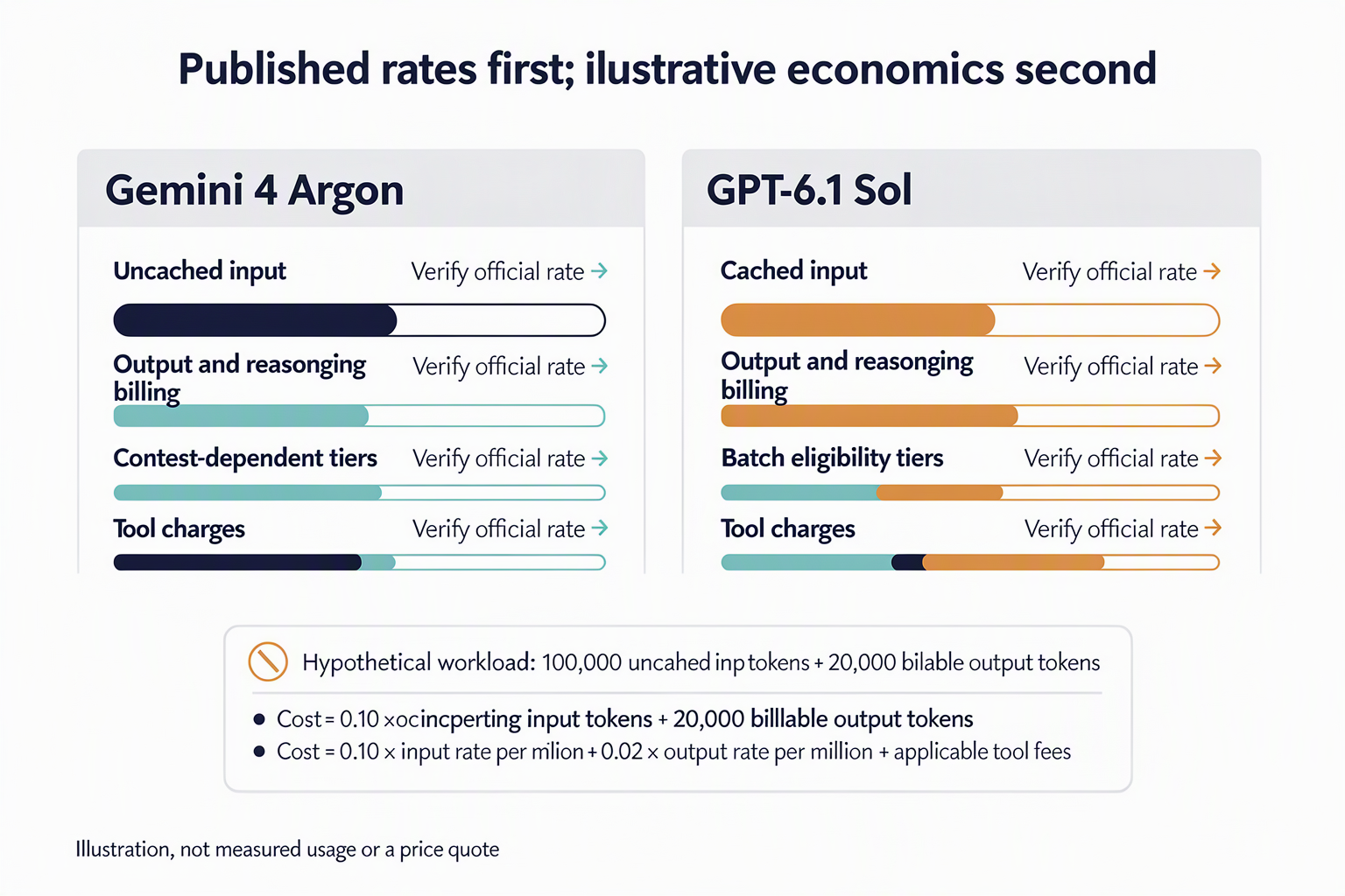 Illustrate two equal pricing worksheets labeled Gemini 4 Argon and GPT-6.1 Sol under the heading Published rates first;