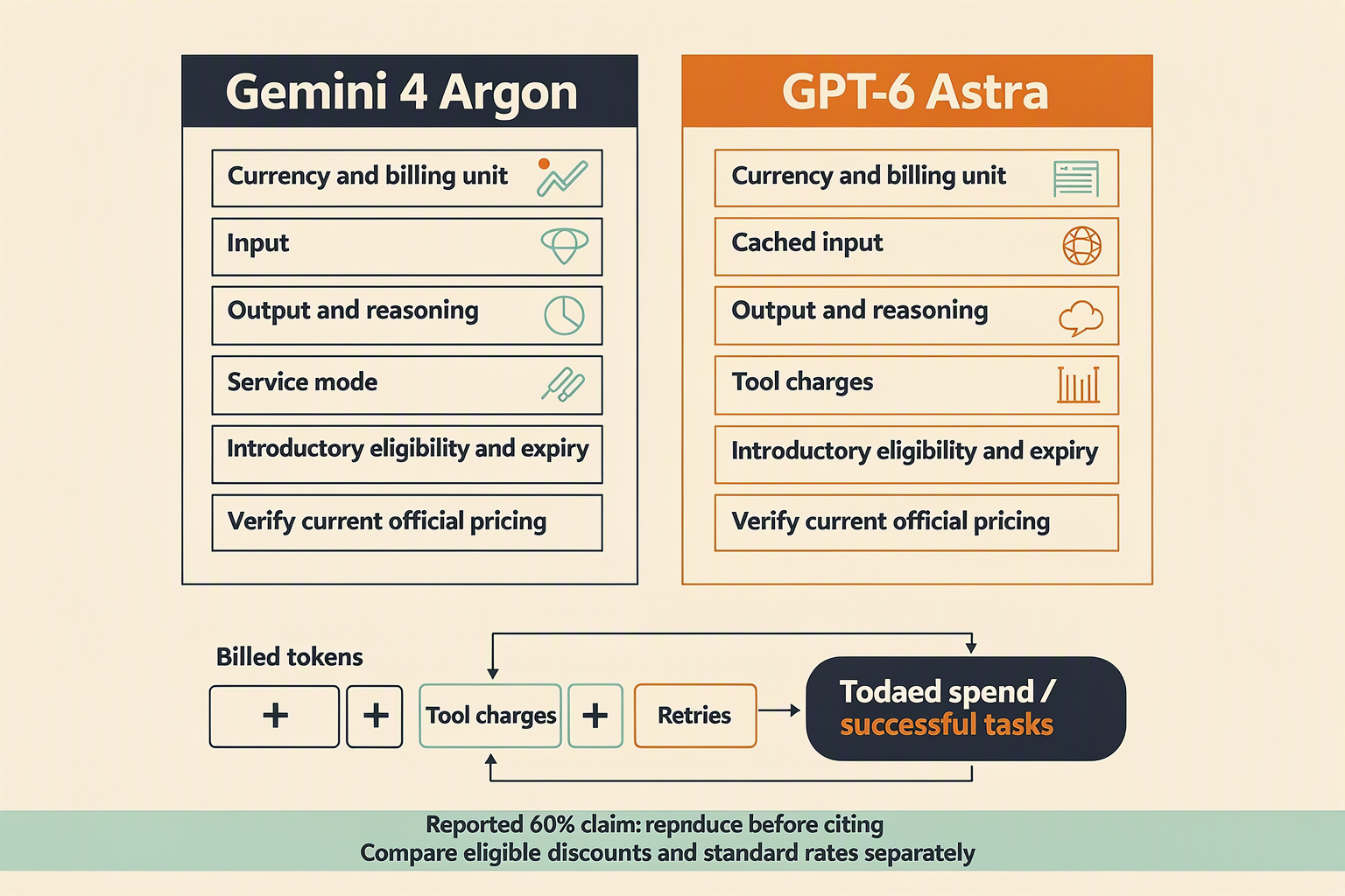 Build a head-to-head pricing worksheet with equal cards labeled Gemini 4 Argon and GPT-6 Astra