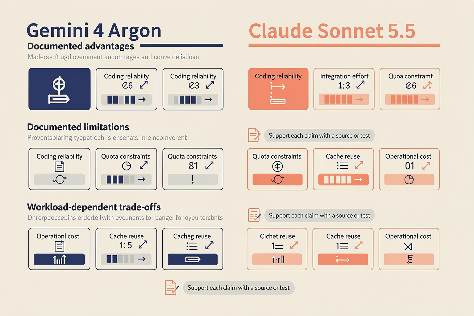 Create a balanced procurement scorecard with blue and coral model columns titled Gemini 4 Argon and Claude Sonnet 5.5
