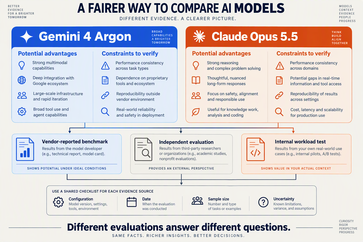Draw a balanced evidence matrix with columns labeled Gemini 4 Argon and Claude Opus 5.5, each divided into Potential