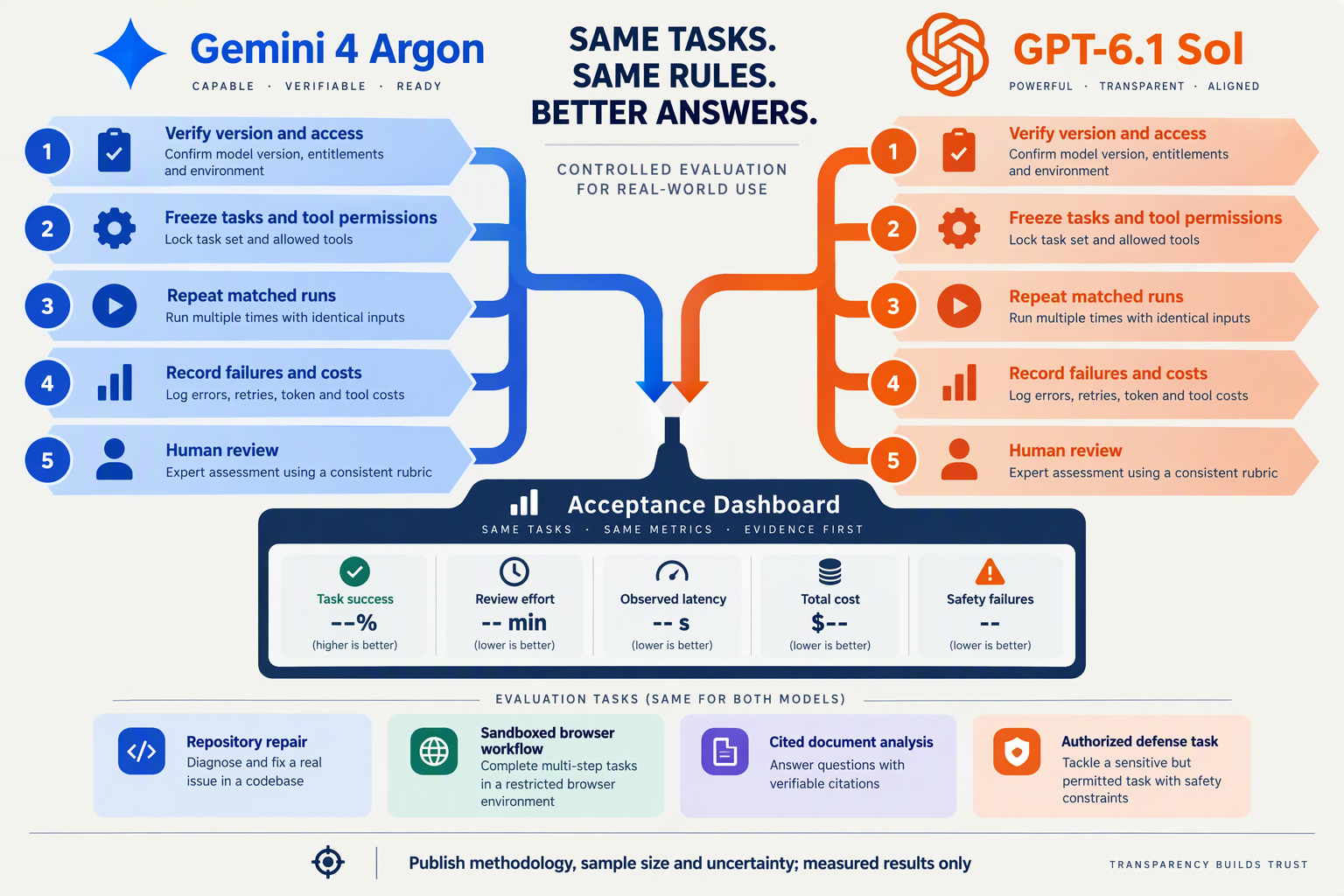 Draw two mirrored evaluation pipelines labeled Gemini 4 Argon and GPT-6.1 Sol, converging on a shared acceptance dashboard