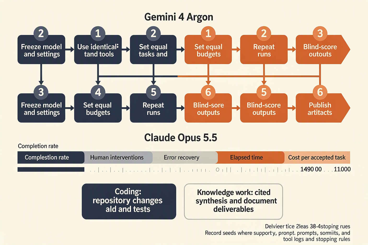 Create a mirrored evaluation workflow, with parallel lanes labelled Gemini 4 Argon and Claude Opus 5.5 passing through the