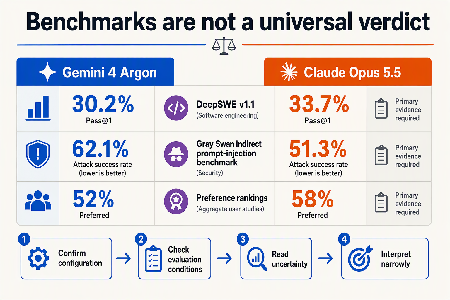 Build a side-by-side evidence interpretation graphic with model headers Gemini 4 Argon and Claude Opus 5.5