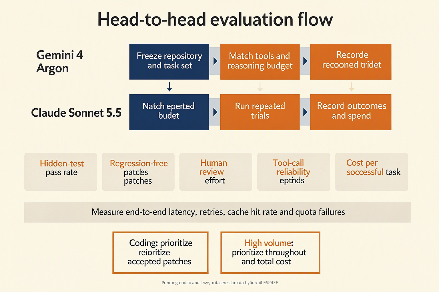 Design a head-to-head evaluation flow with two lanes labeled Gemini 4 Argon and Claude Sonnet 5.5 passing through the same