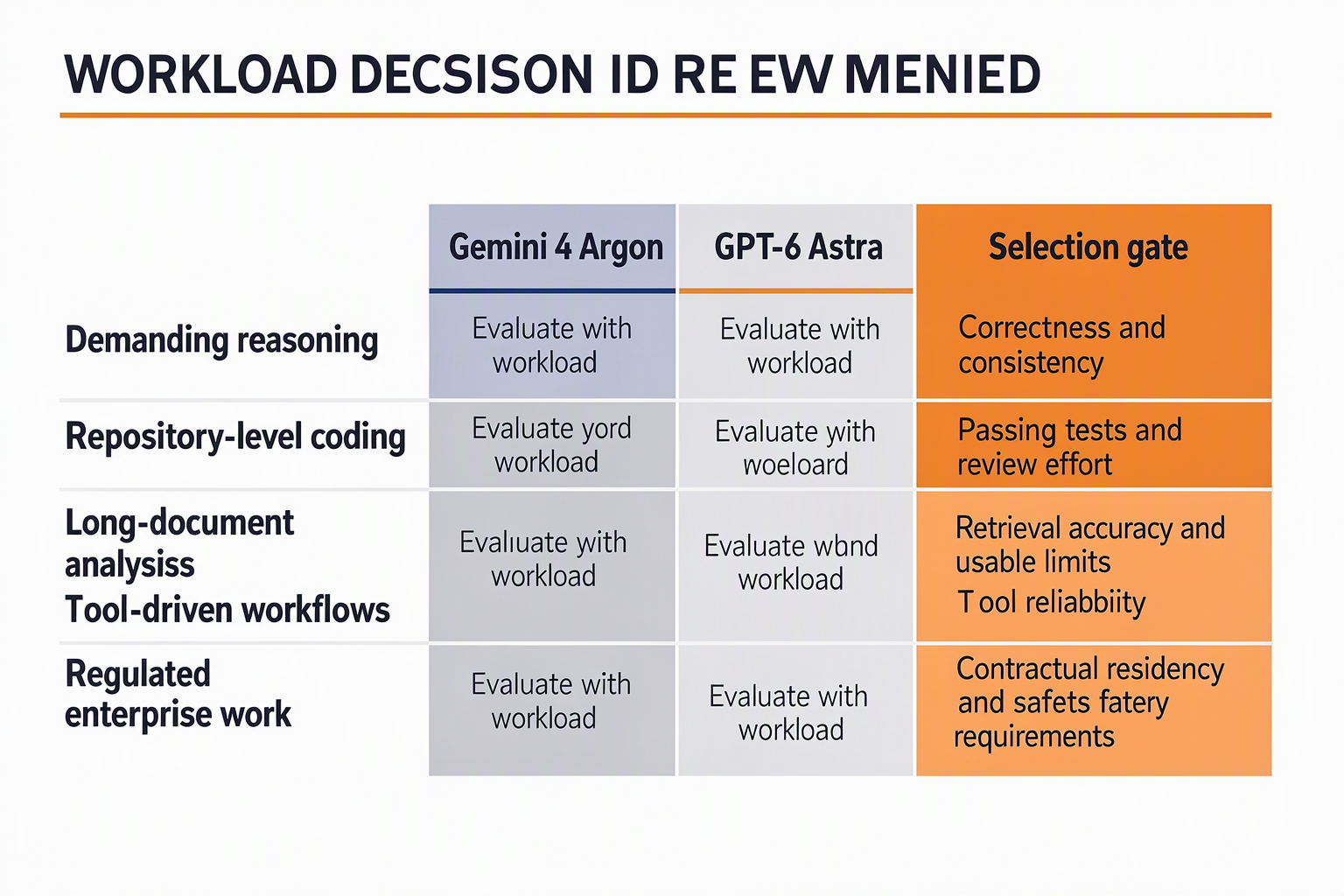Create a workload decision matrix with rows labeled Demanding reasoning, Repository-level coding, Long-document analysis,