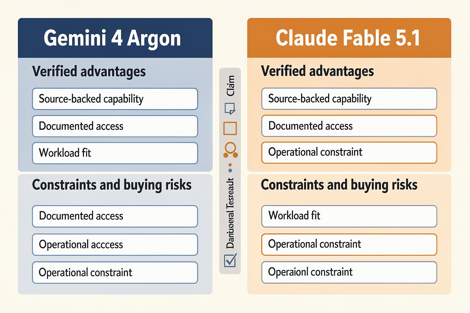 Create a balanced four-quadrant comparison board with blue sections for Gemini 4 Argon and amber sections for Claude Fable