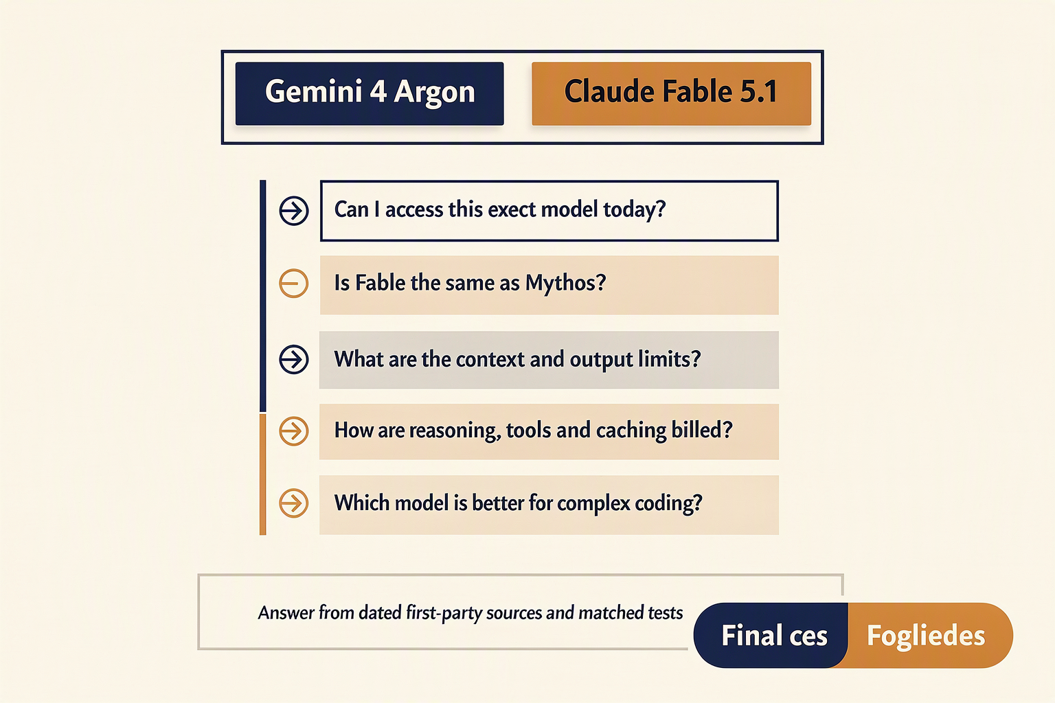 Create a concise FAQ infographic with two labeled header cards, Gemini 4 Argon and Claude Fable 5.1, above a shared stack of