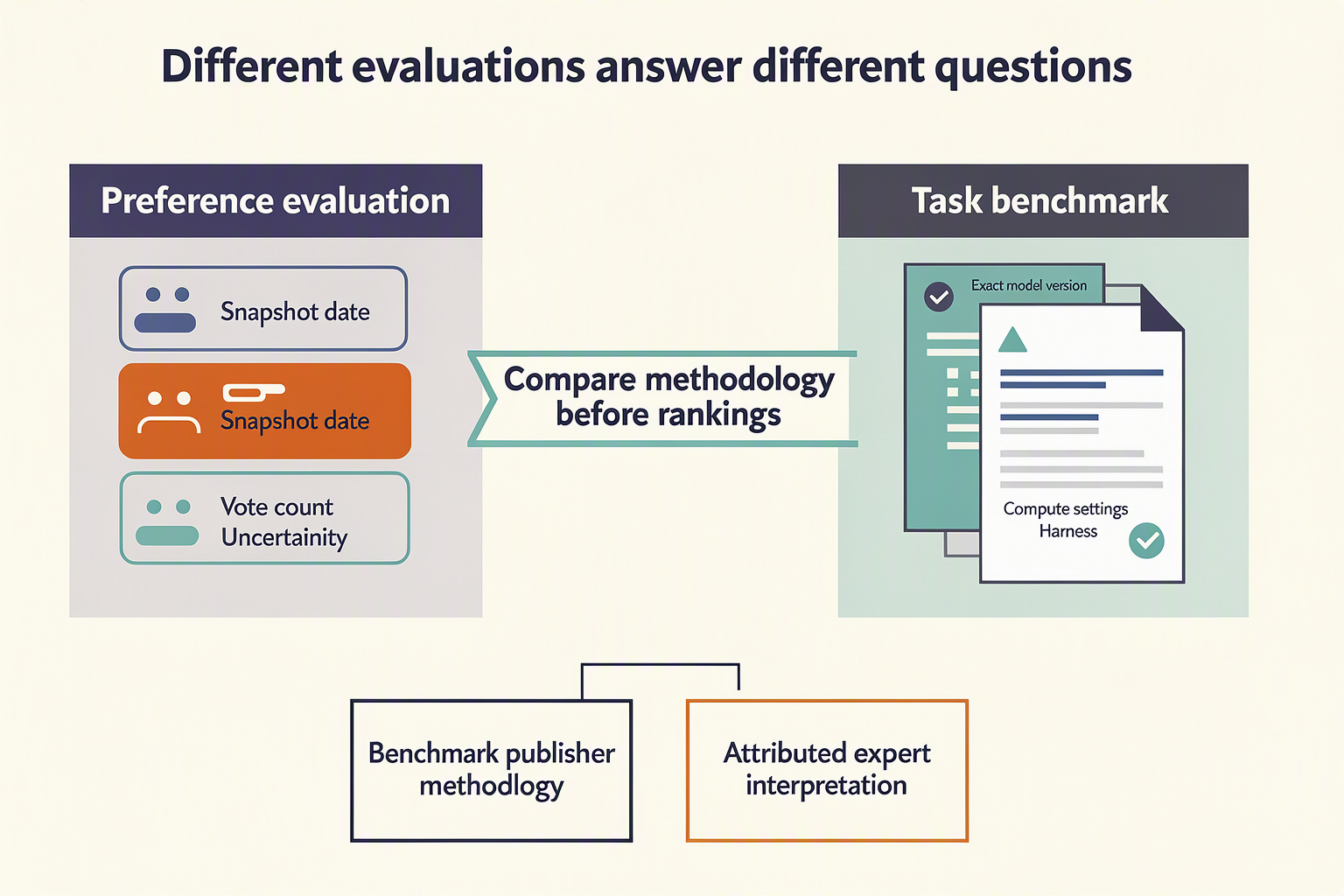 Design a split-panel benchmark-literacy infographic titled Different evaluations answer different questions