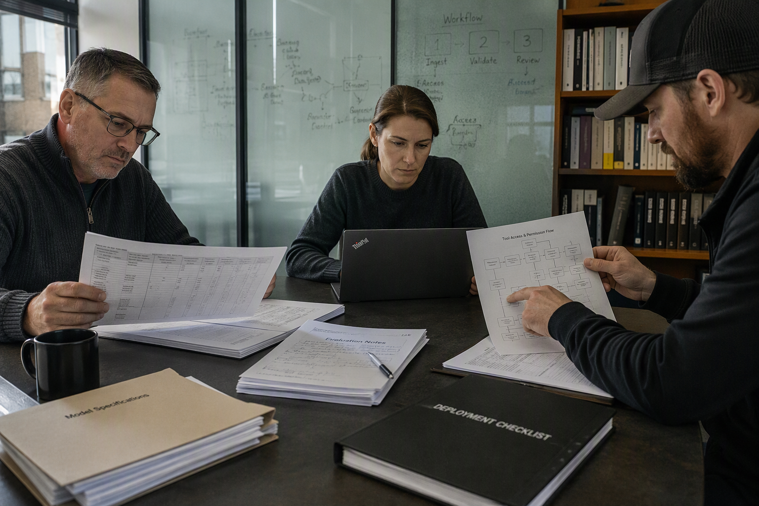 Show an editorial and engineering review meeting in a quiet project room during daylight