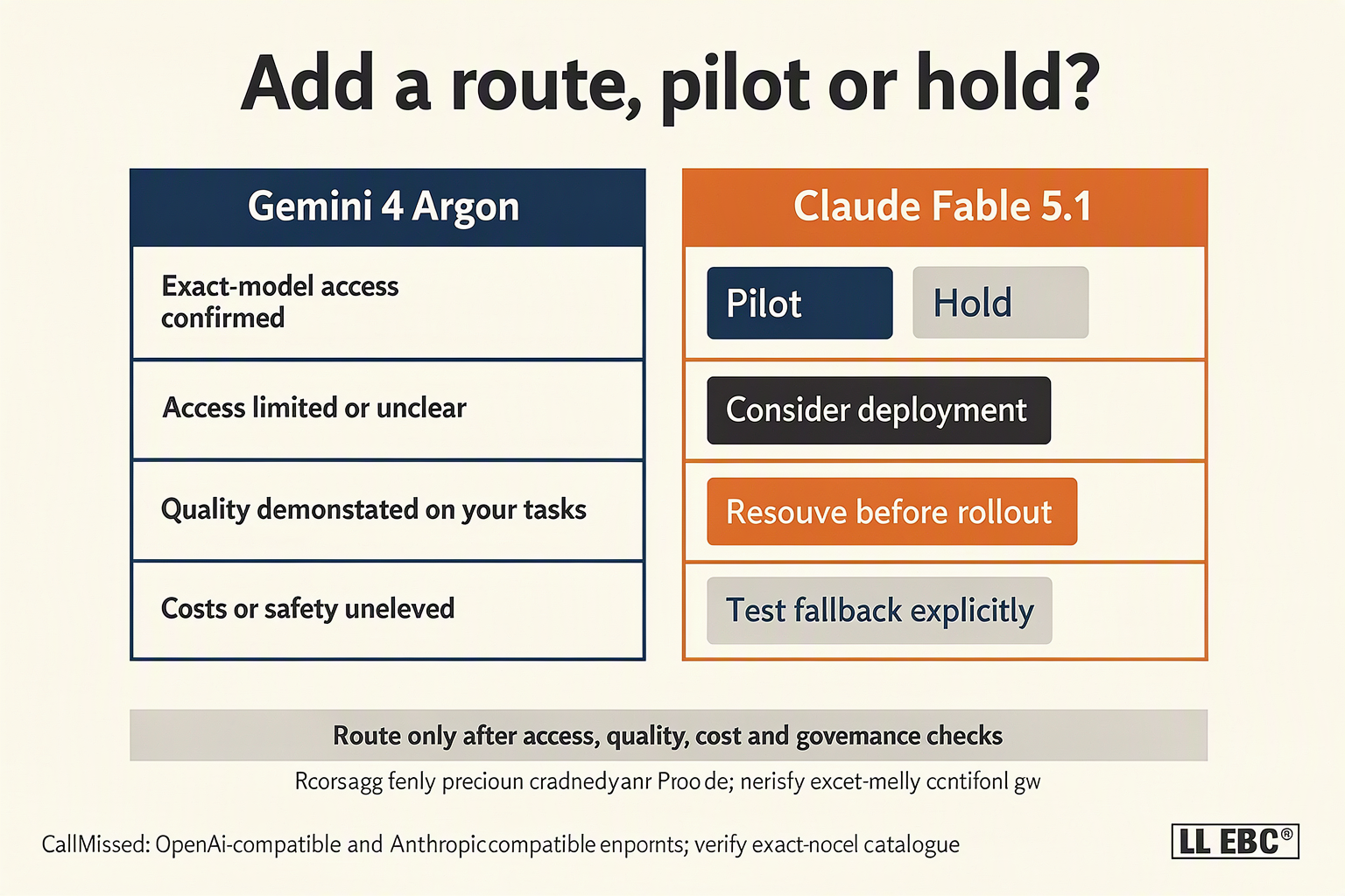 Design a procurement decision matrix titled Add a route, pilot or hold?