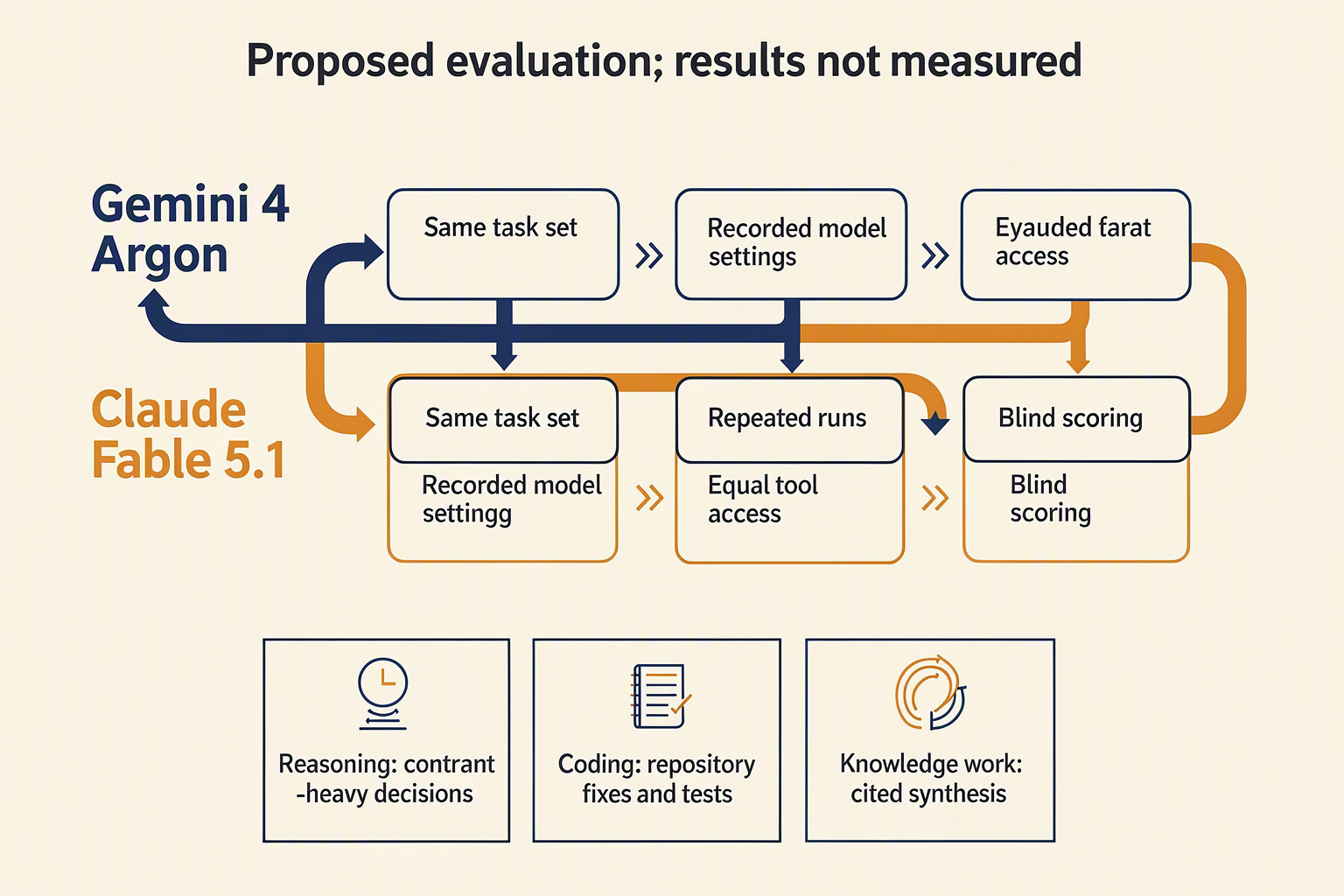 Illustrate a matched-evaluation workflow with two parallel lanes labeled Gemini 4 Argon and Claude Fable 5.1