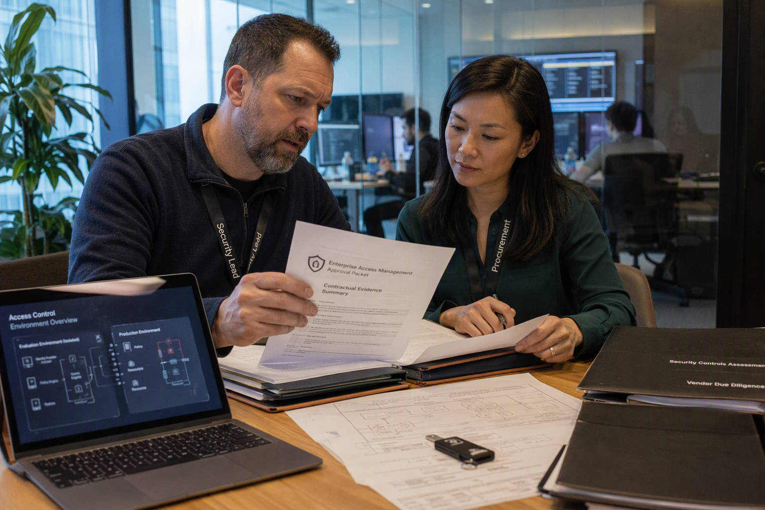 Show a security lead and procurement specialist reviewing an enterprise approval packet in a quiet glass-walled meeting room