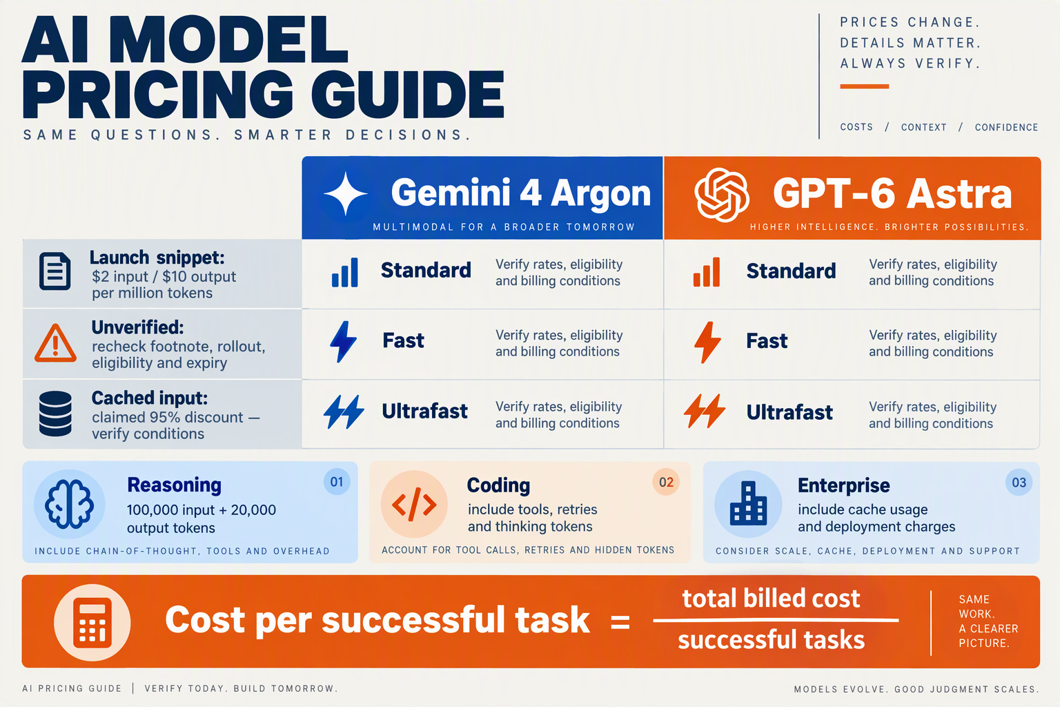 Design a pricing comparison infographic with columns labeled Gemini 4 Argon and GPT-6 Astra