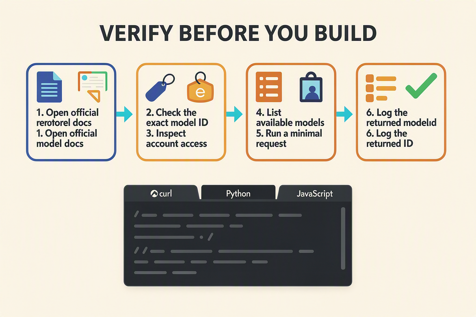 A six-step horizontal developer workflow titled VERIFY BEFORE YOU BUILD