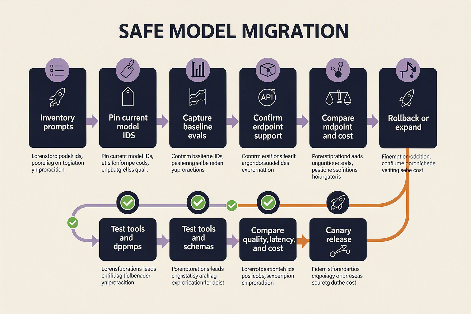 A detailed migration pipeline titled SAFE MODEL MIGRATION flowing from left to right through eight checkpoints: Inventory