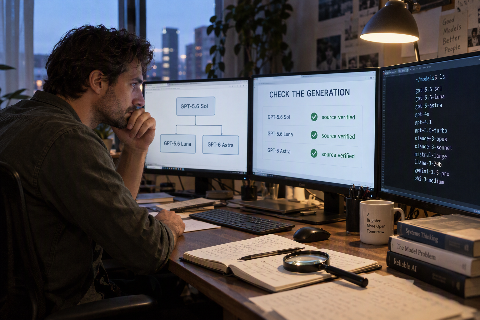 An investigative developer workspace showing an engineer comparing official API documentation across three large monitors