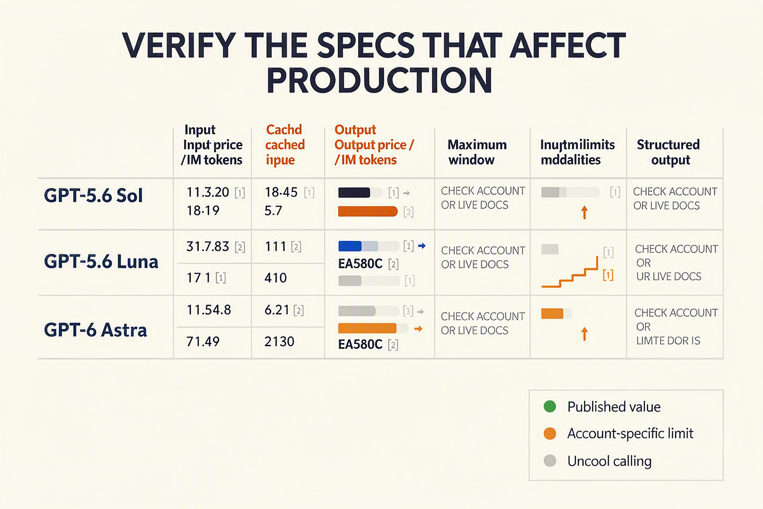 A wide specification matrix titled VERIFY THE SPECS THAT AFFECT PRODUCTION