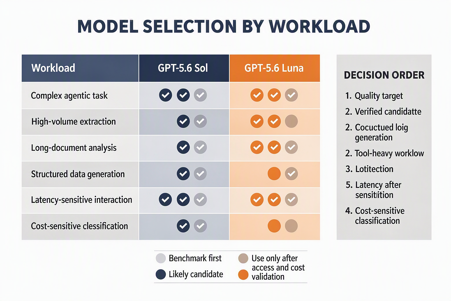 A decision matrix titled MODEL SELECTION BY WORKLOAD with workload rows labeled Complex agentic task, High-volume