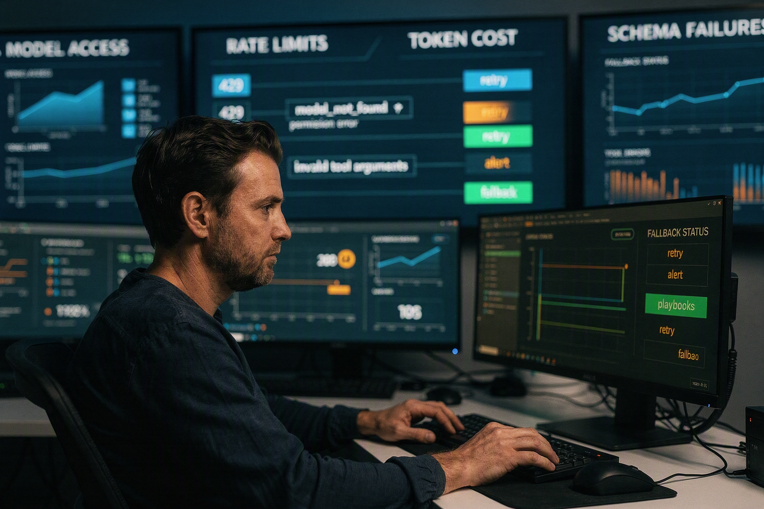 A production operations room with engineers monitoring an AI API service during a controlled rollout