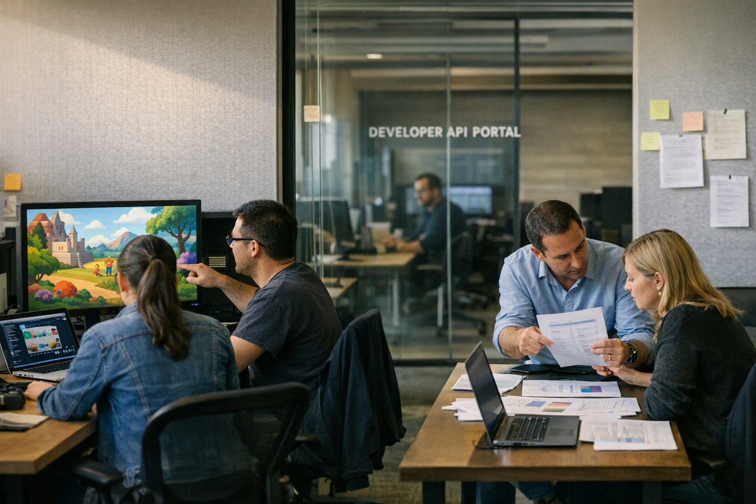 A modern enterprise innovation lab where two small product teams work at separate stations: one station displays colorful