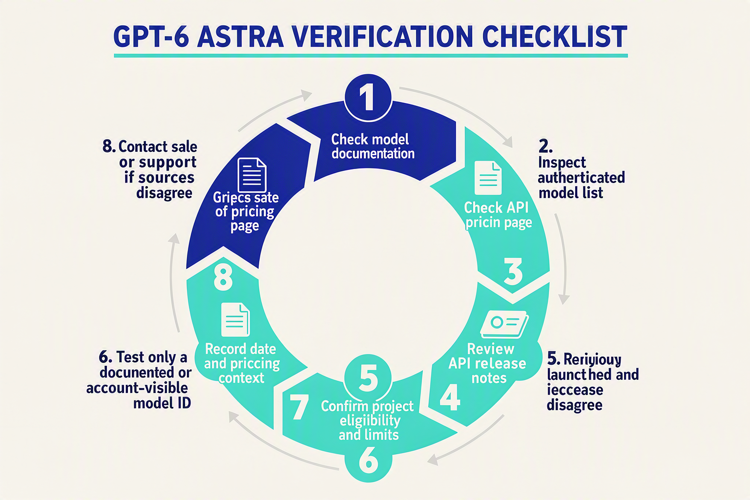 An eight-step circular verification workflow titled GPT-6 ASTRA VERIFICATION CHECKLIST with numbered segments and arrows: 1