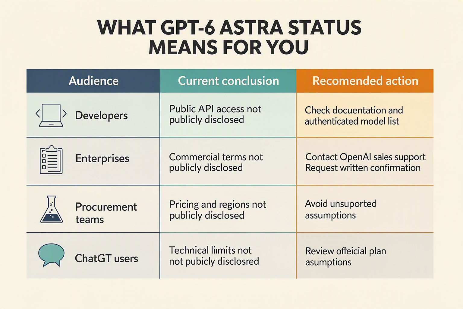 A decision matrix titled WHAT GPT-6 ASTRA STATUS MEANS FOR YOU with columns Audience, Current conclusion, and Recommended