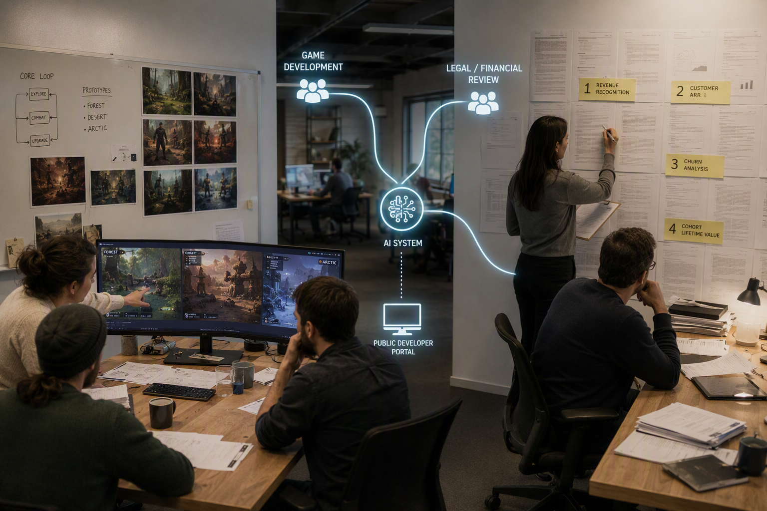 A split editorial scene showing a game-development studio on the left and a legal-financial review workspace on the right