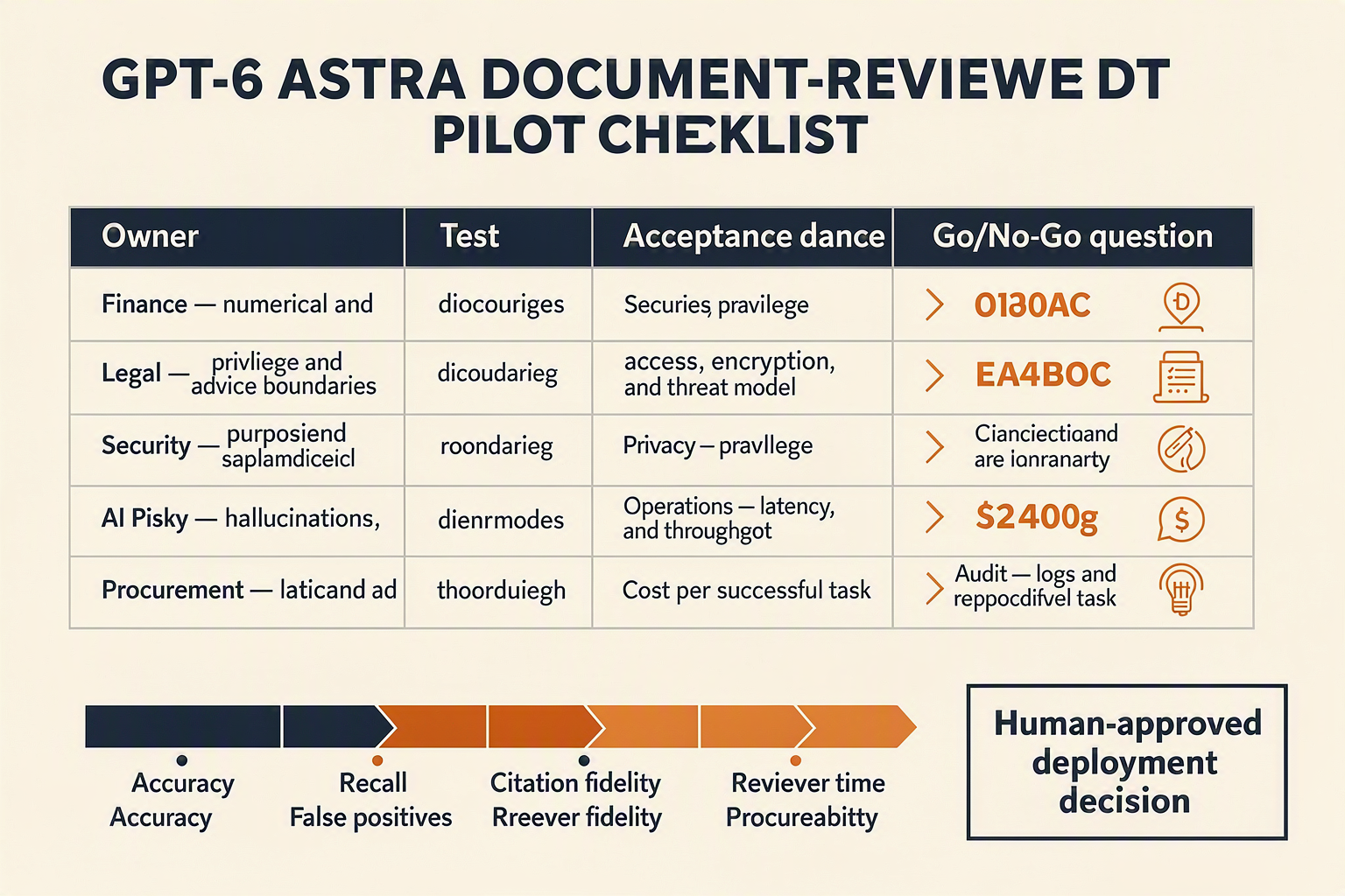 A detailed enterprise evaluation table titled GPT-6 ASTRA DOCUMENT-REVIEW PILOT CHECKLIST with columns labeled Owner, Test,