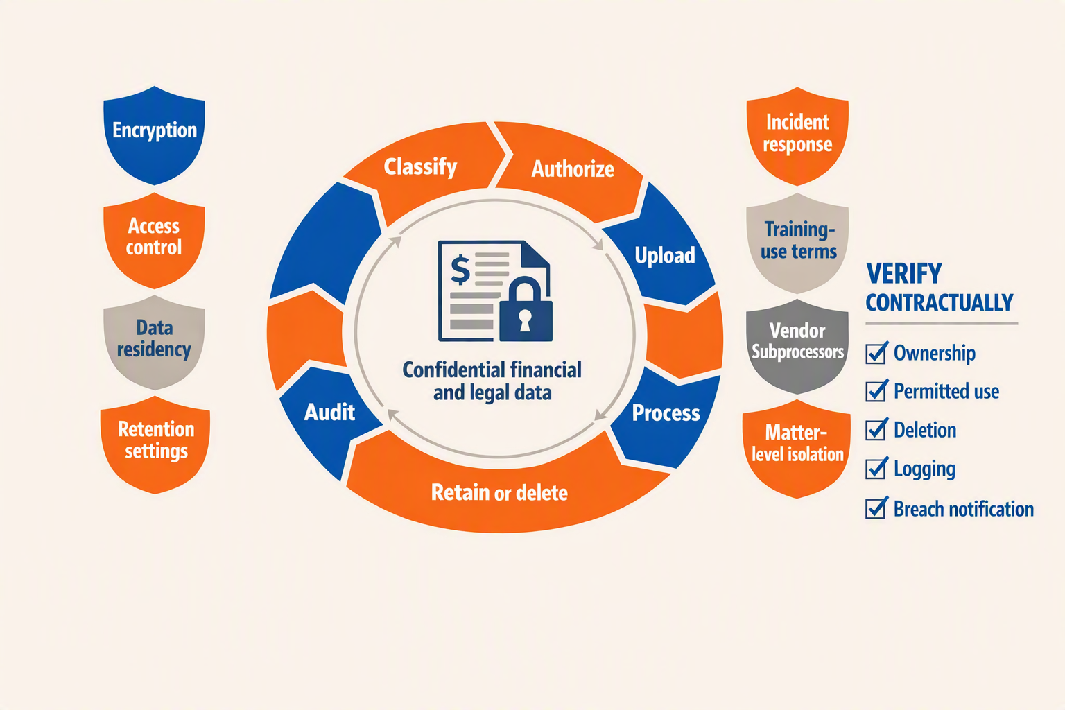 A circular enterprise data-lifecycle diagram titled CONTROL SENSITIVE DOCUMENTS FROM INTAKE TO DELETION with seven stages