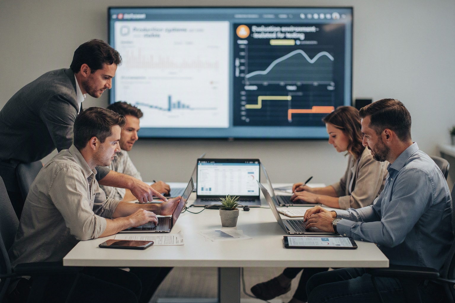 A procurement meeting inside a bright enterprise operations room, with a product leader, developer, security specialist,
