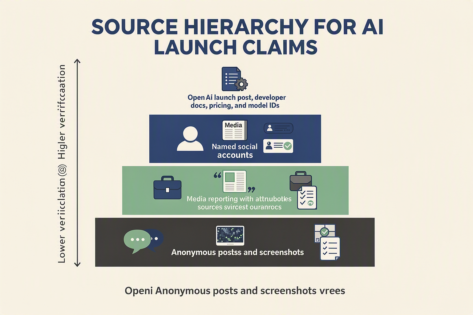 An evidence-pyramid infographic titled SOURCE HIERARCHY FOR AI LAUNCH CLAIMS