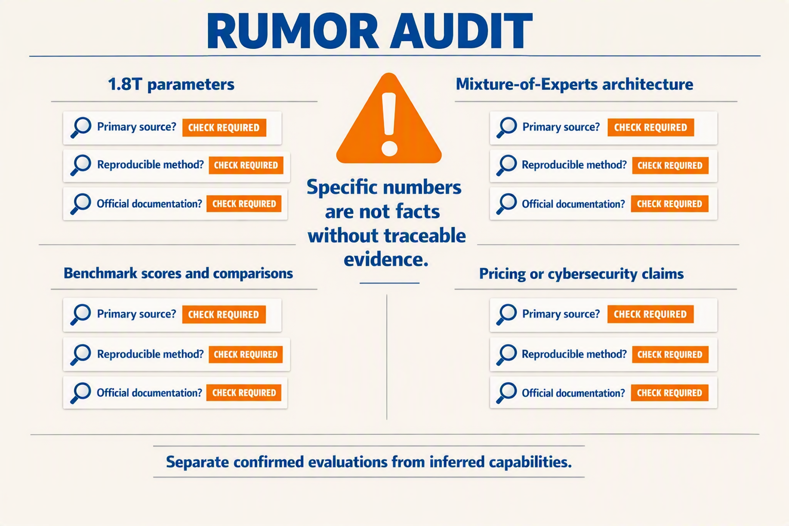 A four-quadrant claim-audit board titled RUMOR AUDIT