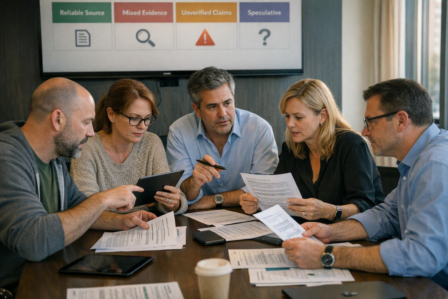 A moderated expert roundtable in a modern conference room, with an AI safety researcher, benchmark specialist, cloud