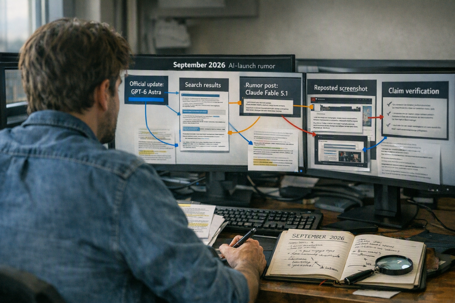 An investigative digital newsroom scene showing a researcher tracing an AI rumor across several large displays: an official