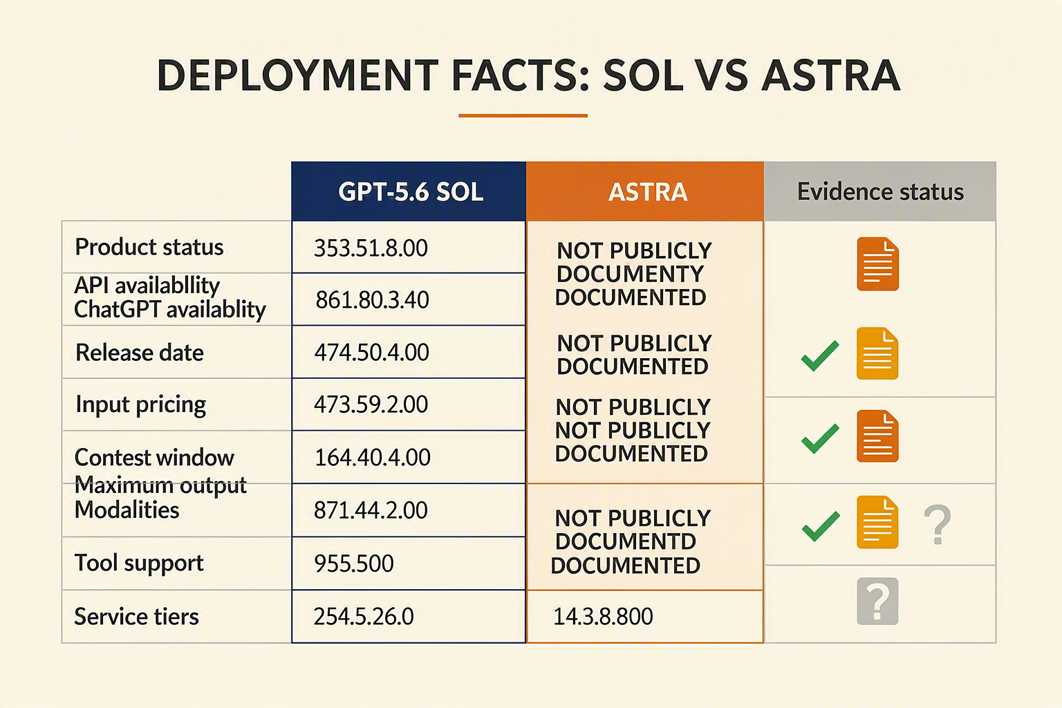 Create a detailed product-comparison table titled DEPLOYMENT FACTS: SOL VS ASTRA with rows labelled Product status, API