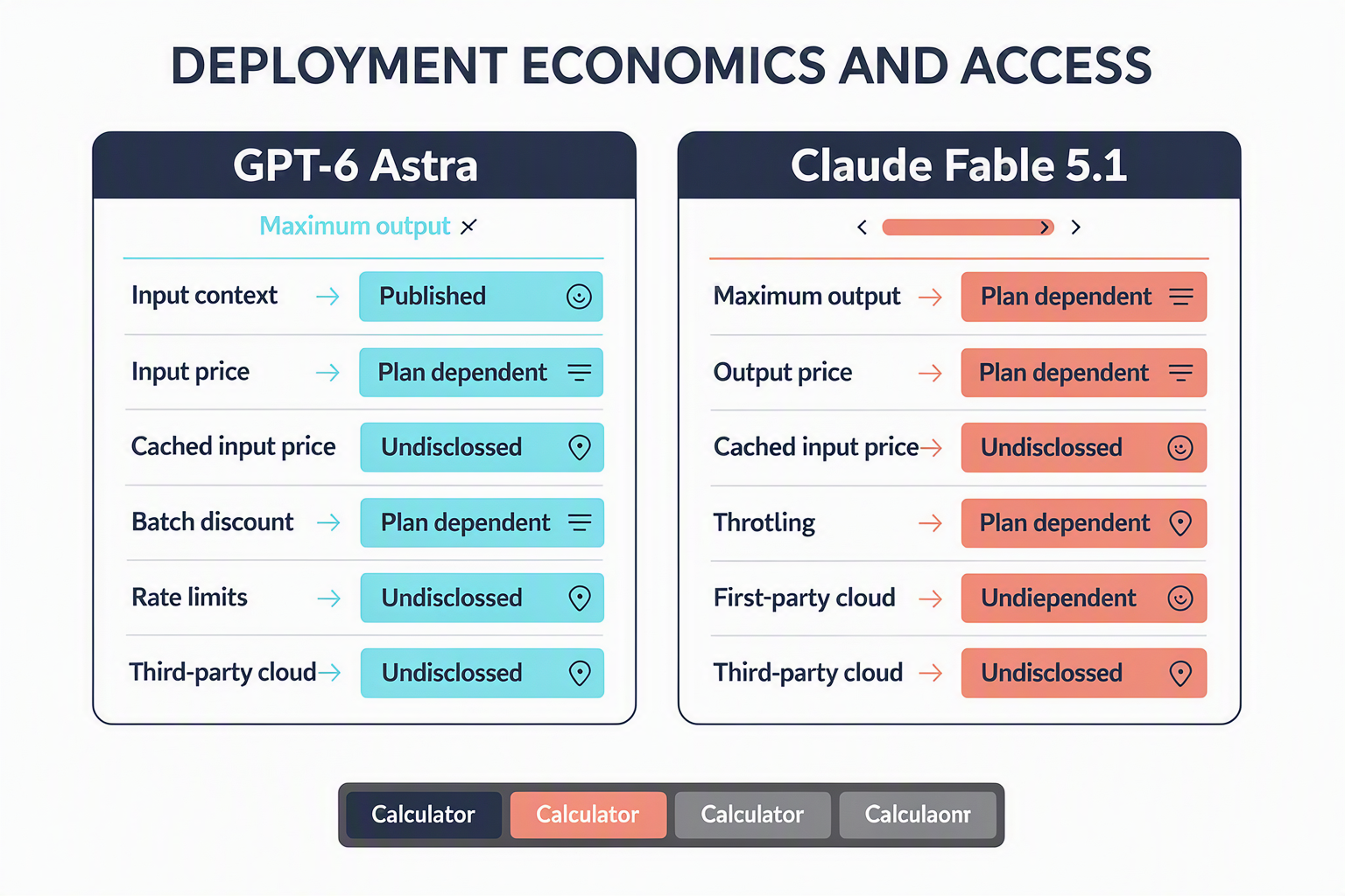 A product-comparison dashboard titled DEPLOYMENT ECONOMICS AND ACCESS with two main columns labeled GPT-6 Astra and Claude