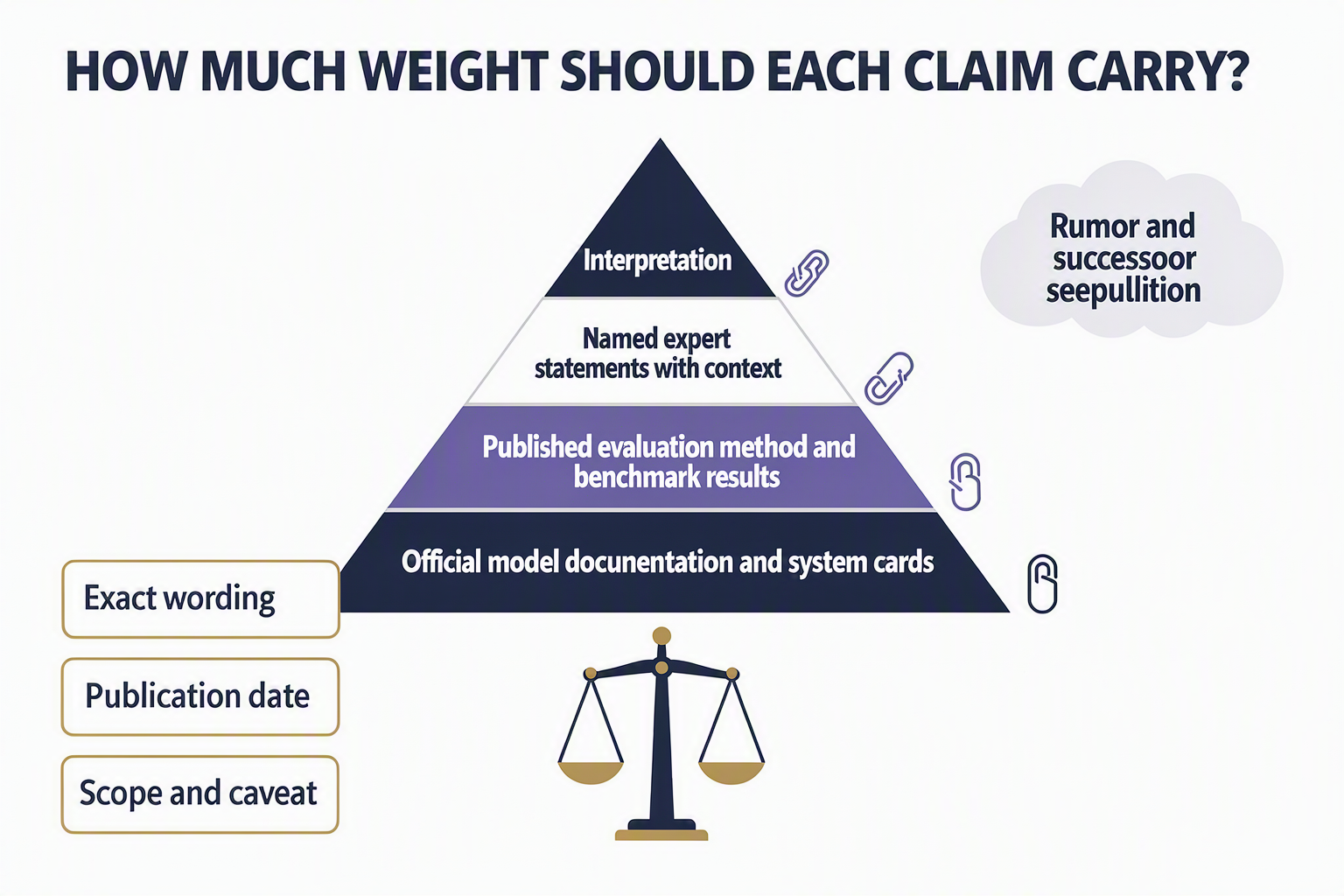 Create an editorial evidence pyramid titled HOW MUCH WEIGHT SHOULD EACH CLAIM CARRY?