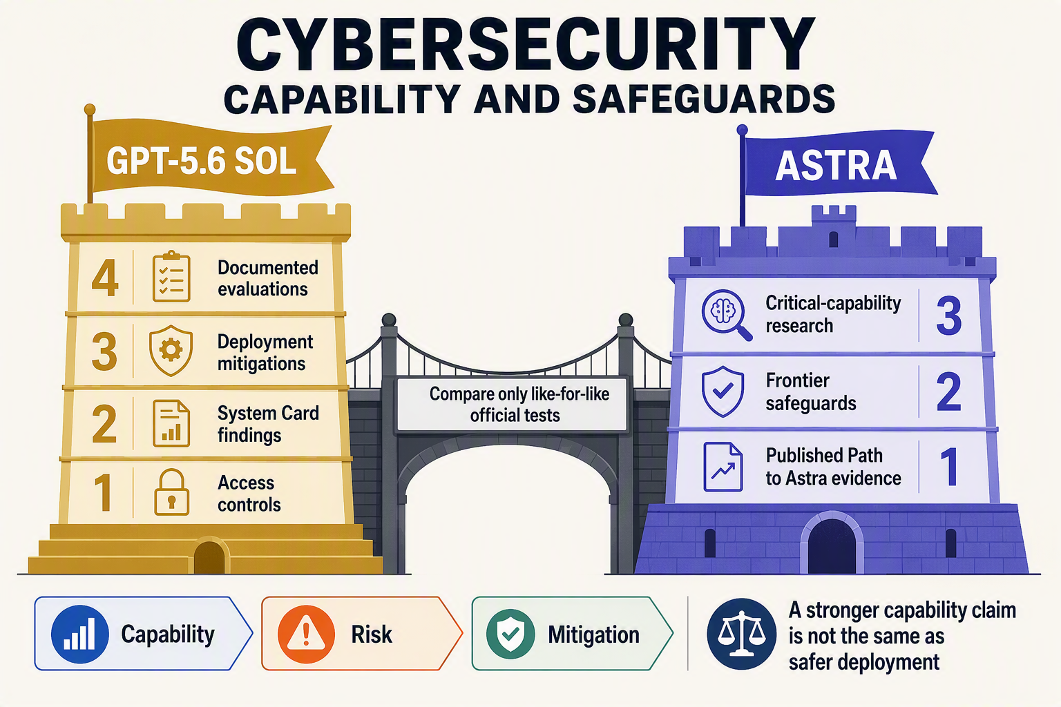 Design a layered cybersecurity comparison diagram titled CYBERSECURITY CAPABILITY AND SAFEGUARDS