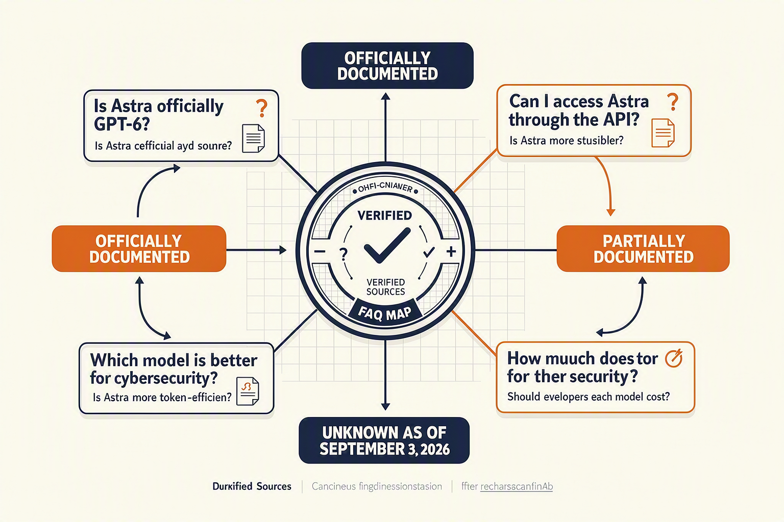 Create an FAQ knowledge-map infographic titled GPT-6 ASTRA VS GPT-5.6 SOL — FAQ