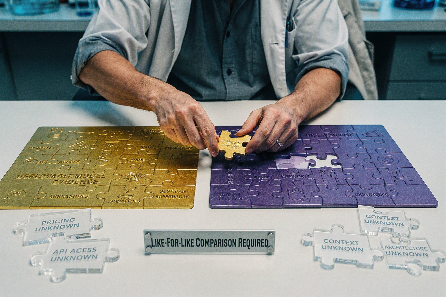 Show an evidence auditor at a wide illuminated workbench assembling two different puzzle sets